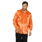Op deze afbeelding zie je een Kostuums, van het merk Wilbers. Oranje Ruchesblouse Satijn Foute Disco Dodo