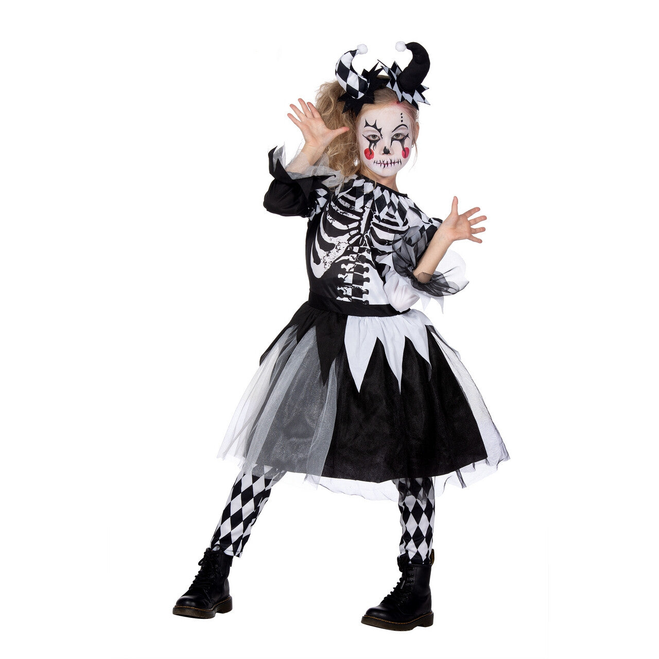 Op deze afbeelding zie je een Kostuums, van het merk Wilbers. Duistere Enge Zwart Wit Clown Meisje Kostuum