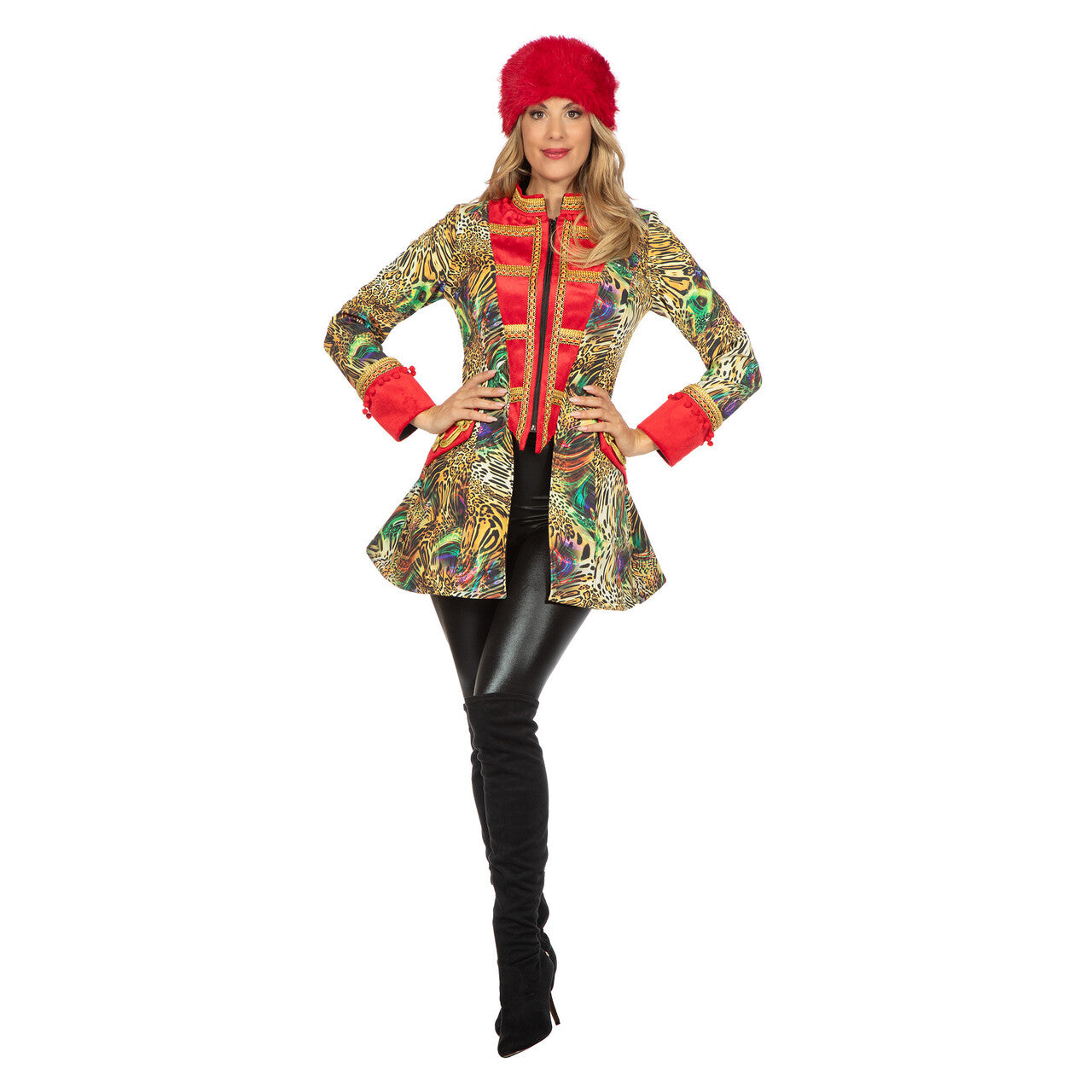 Op deze afbeelding zie je een Kostuums, van het merk Wilbers. Luxe Panterwilde Jas Rood Vrouw