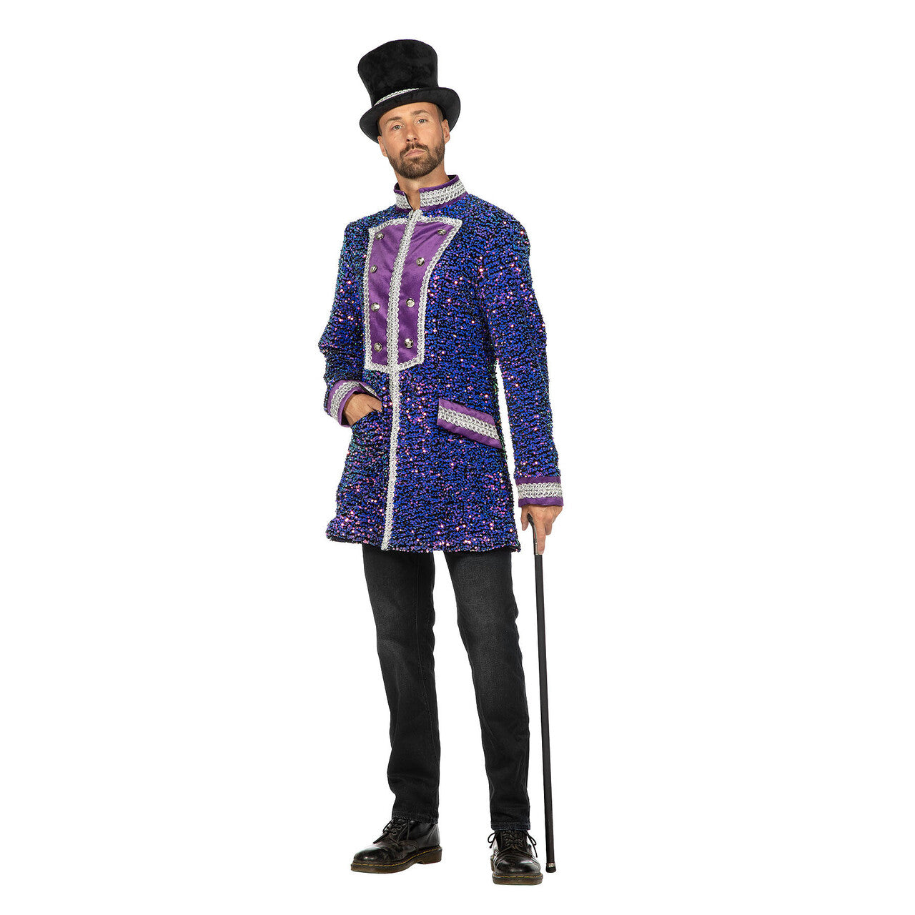 Op deze afbeelding zie je een Kostuums, van het merk Wilbers. Luxe Schitterende Glam Jas Pailletten Paars Man