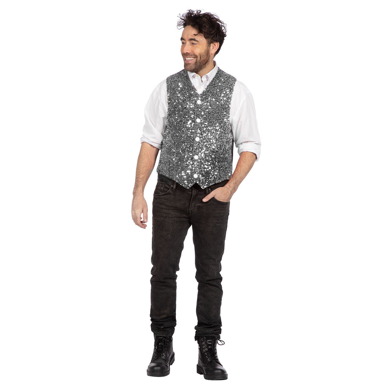 Op deze afbeelding zie je een Kostuums, van het merk Wilbers. Glitter Gladiool Pailletten Gilet Zilver Man