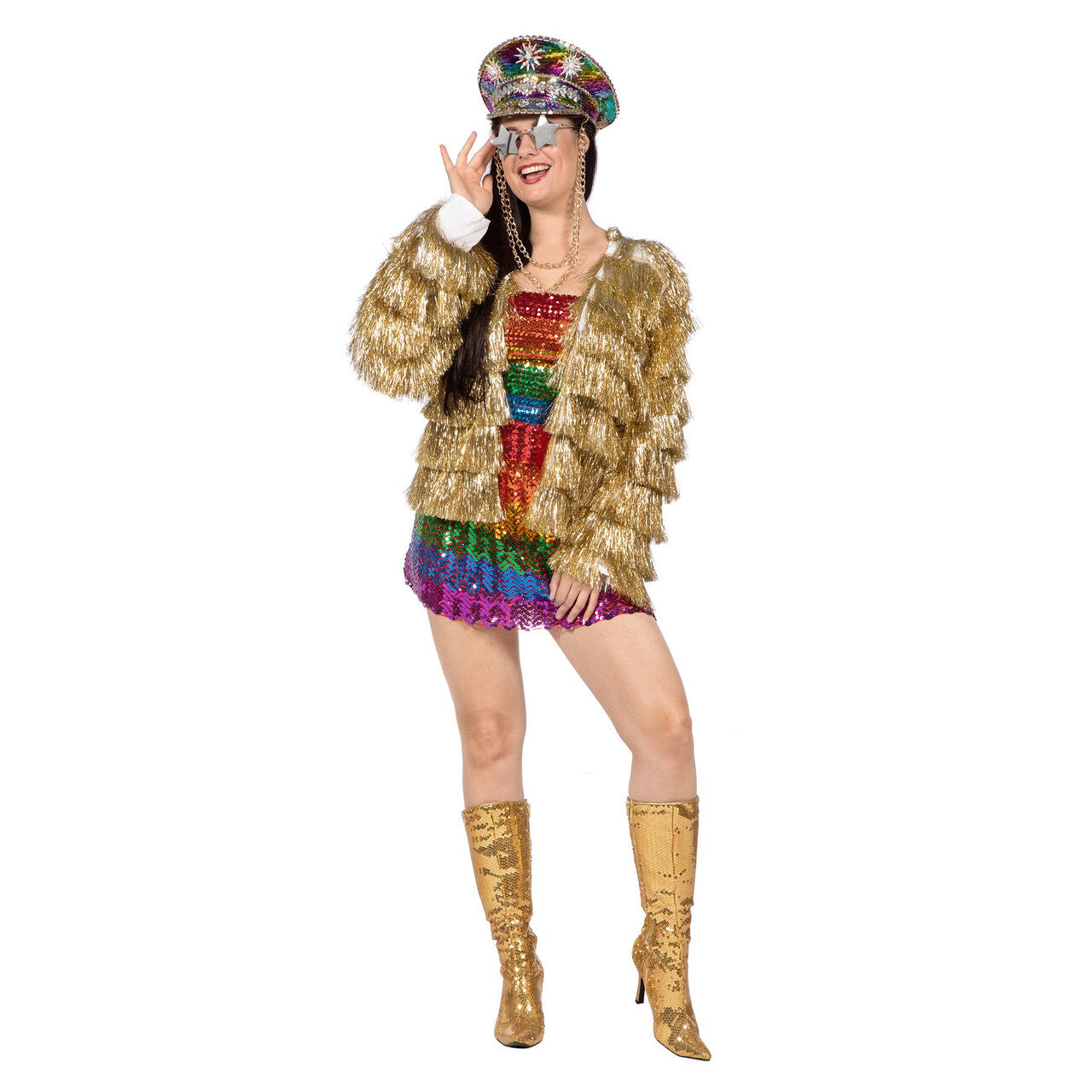 Op deze afbeelding zie je een Kostuums, van het merk Wilbers. Festival Franje Jas Golden Shake Vrouw