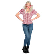 Op deze afbeelding zie je een Kostuums, van het merk Wilbers. Rood Wit Geblokte Verleidelijke Tiroler Blouse Vrouw