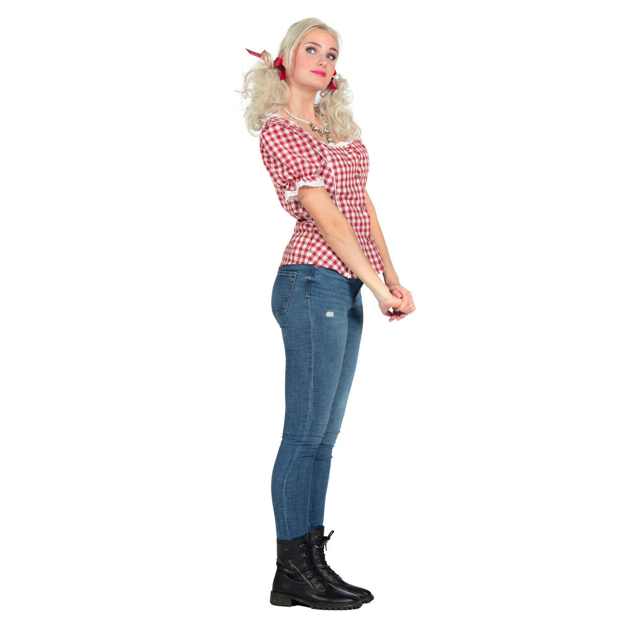 Op deze afbeelding zie je een Kostuums, van het merk Wilbers. Rood Wit Geblokte Verleidelijke Tiroler Blouse Vrouw
