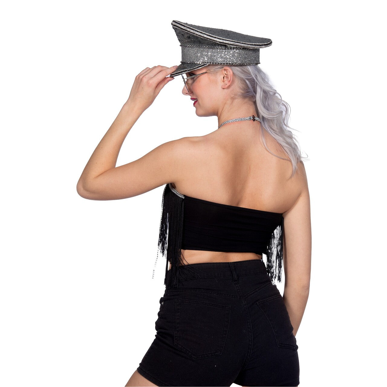 Op deze afbeelding zie je een Kostuums, van het merk Wilbers. Dance Festival Top Zwart Met Franjes Vrouw