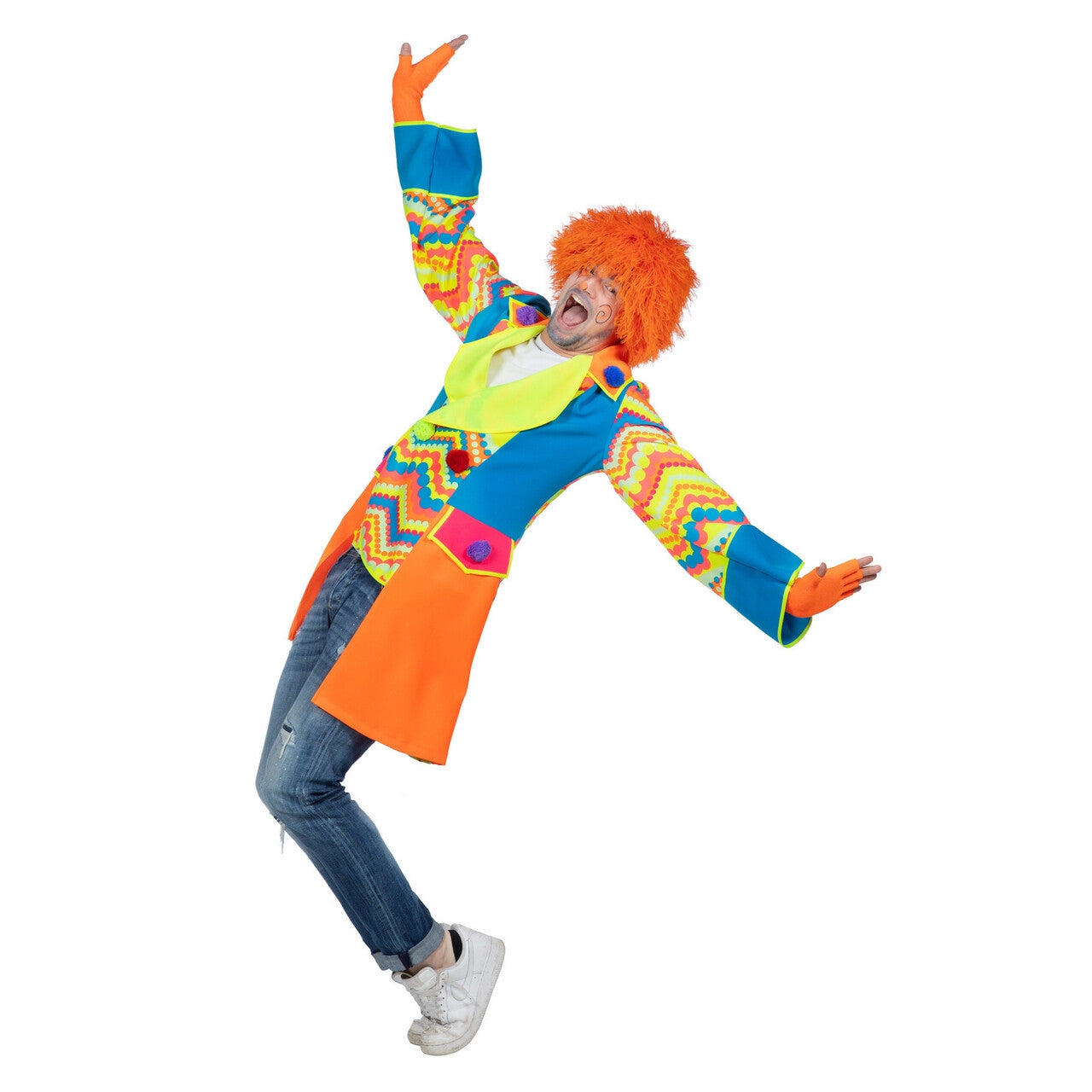 Op deze afbeelding zie je een Kostuums, van het merk Wilbers. Enorm Grappige Kleurrijke Clown Thijs Man