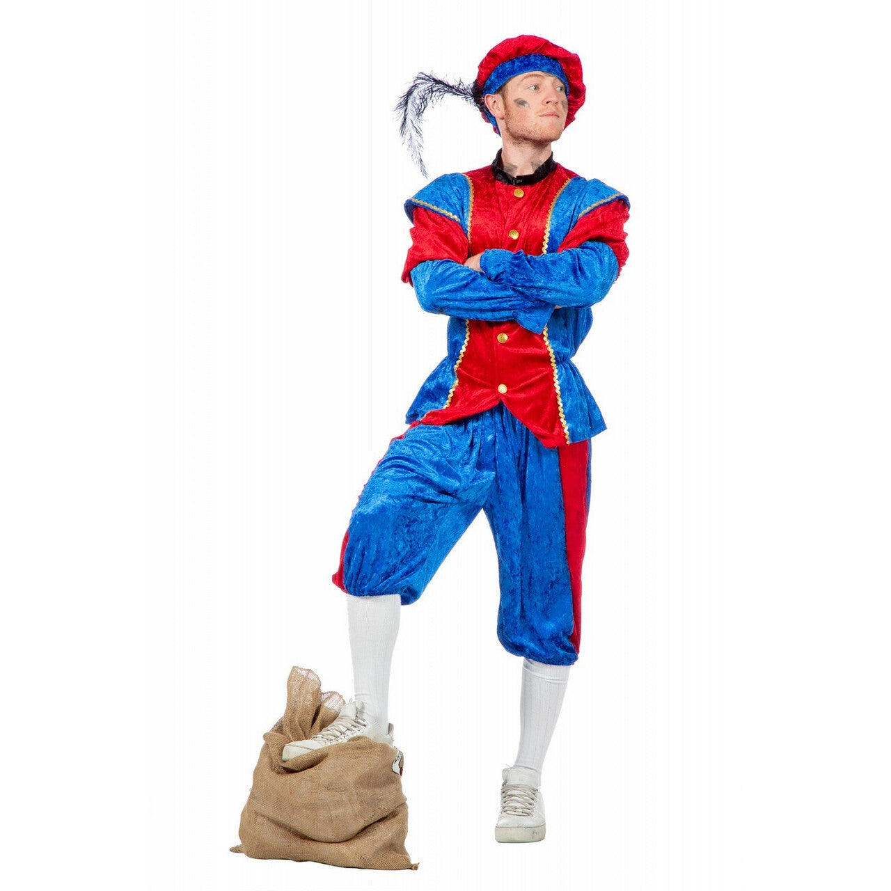 Op deze afbeelding zie je een Kostuums, van het merk Wilbers. Ondeugende Piet Blauw Rood Kostuum